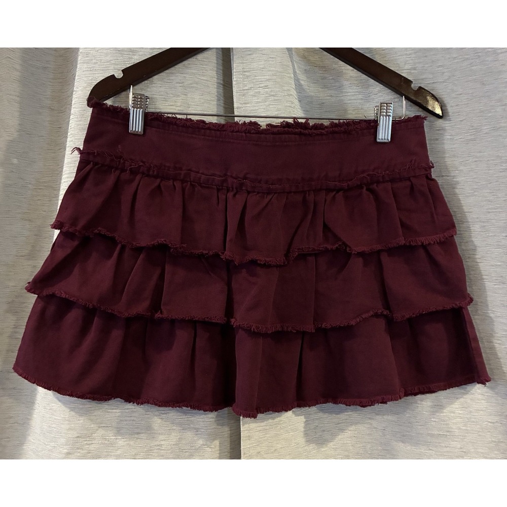Juicy Couture Vintage Burgundy Denim Ruffle Mini Skirt Womens M Y2K Tiered 3443